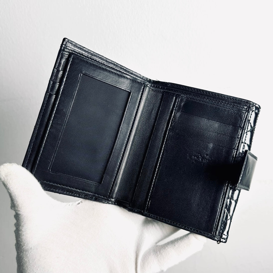 Christian Dior CD Lady Dior Black Cannage Quilted Patent Monogram Logo Flap Compact Bifold Wallet