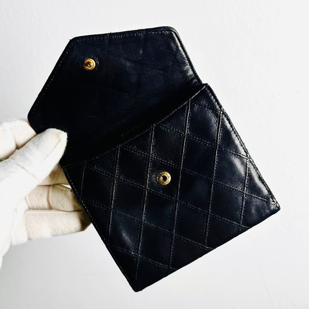 Chanel Black GHW CC Monogram Logo Double Side Face Quilted Lambskin Flap Compact Bifold Wallet 3s