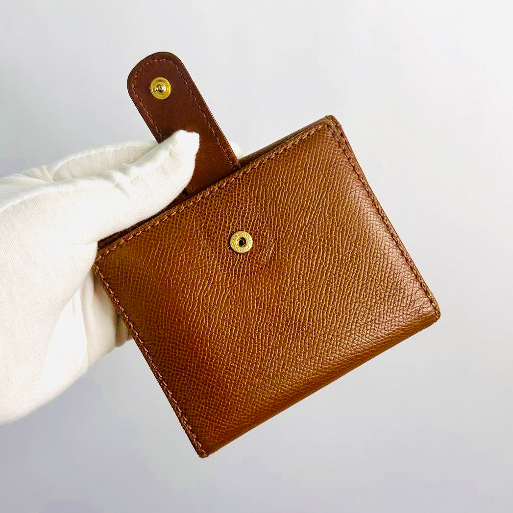 Chanel Caramel Brown GHW CC Logo Grained Leather Flap Compact Bifold Wallet 5s