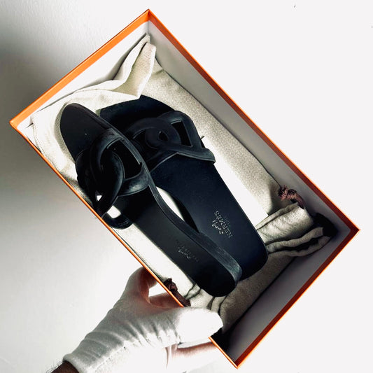 Hermes Aloha Black Monogram Logo Sandals Slippers Flat Shoes Size 36