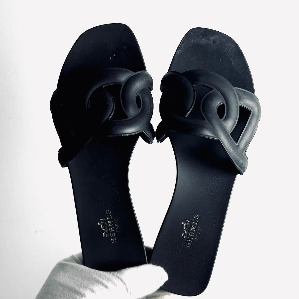 Hermes Aloha Black Monogram Logo Sandals Slippers Flat Shoes Size 36