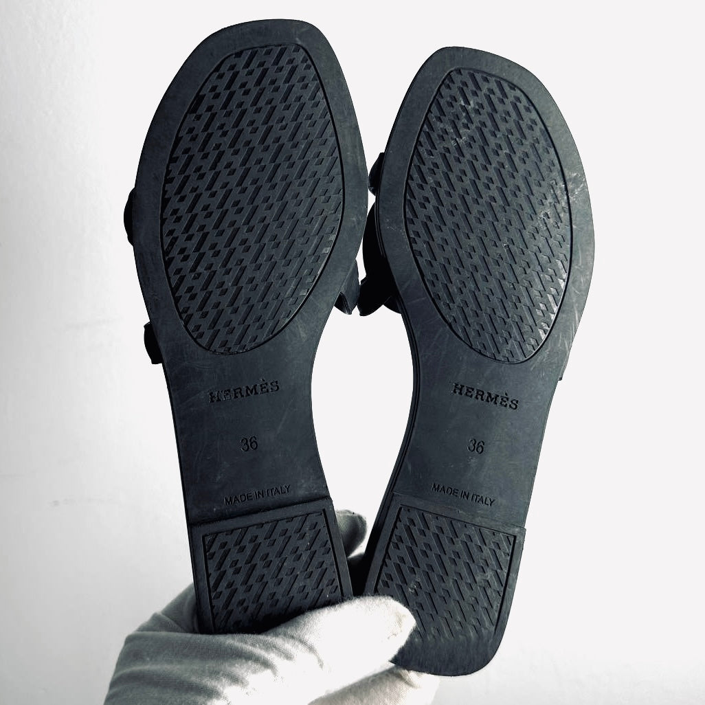 Hermes Aloha Black Monogram Logo Sandals Slippers Flat Shoes Size 36