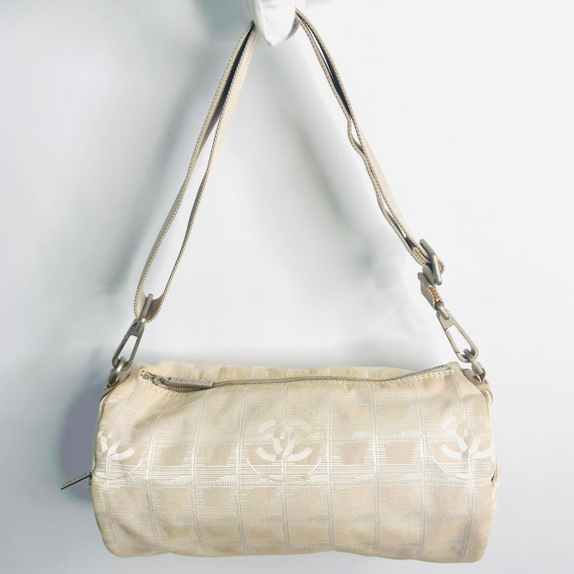 Chanel Taupe Beige Travel Line Quilted Jacquard CC Monogram Logo Papillon Roller Baguette Hobo Shoulder Sling Bag 7s
