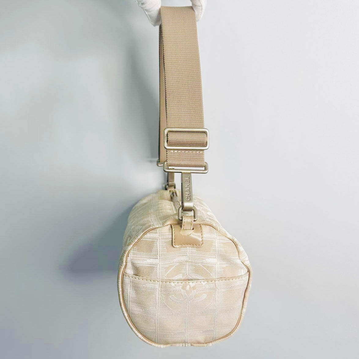 Chanel Taupe Beige Travel Line Quilted Jacquard CC Monogram Logo Papillon Roller Baguette Hobo Shoulder Sling Bag 7s