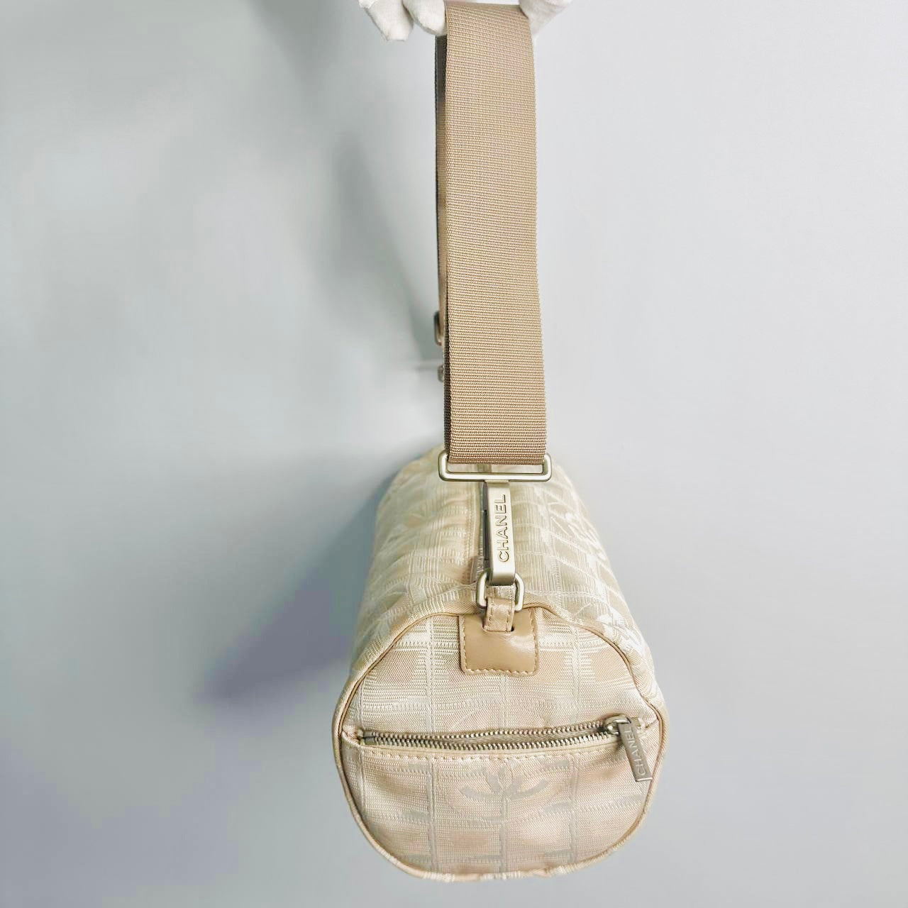 Chanel Taupe Beige Travel Line Quilted Jacquard CC Monogram Logo Papillon Roller Baguette Hobo Shoulder Sling Bag 7s