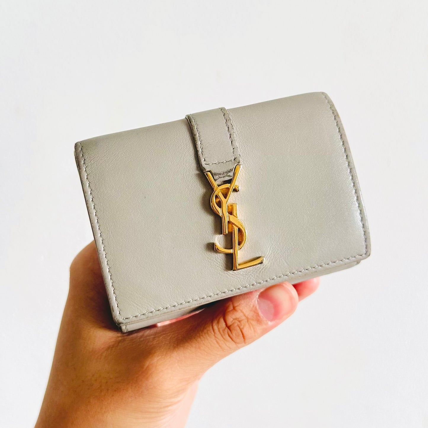 YSL Yves Saint Laurent Grey / Gray GHW Line Origami Tiny Trifold Compact Flap Wallet Calfskin Leather