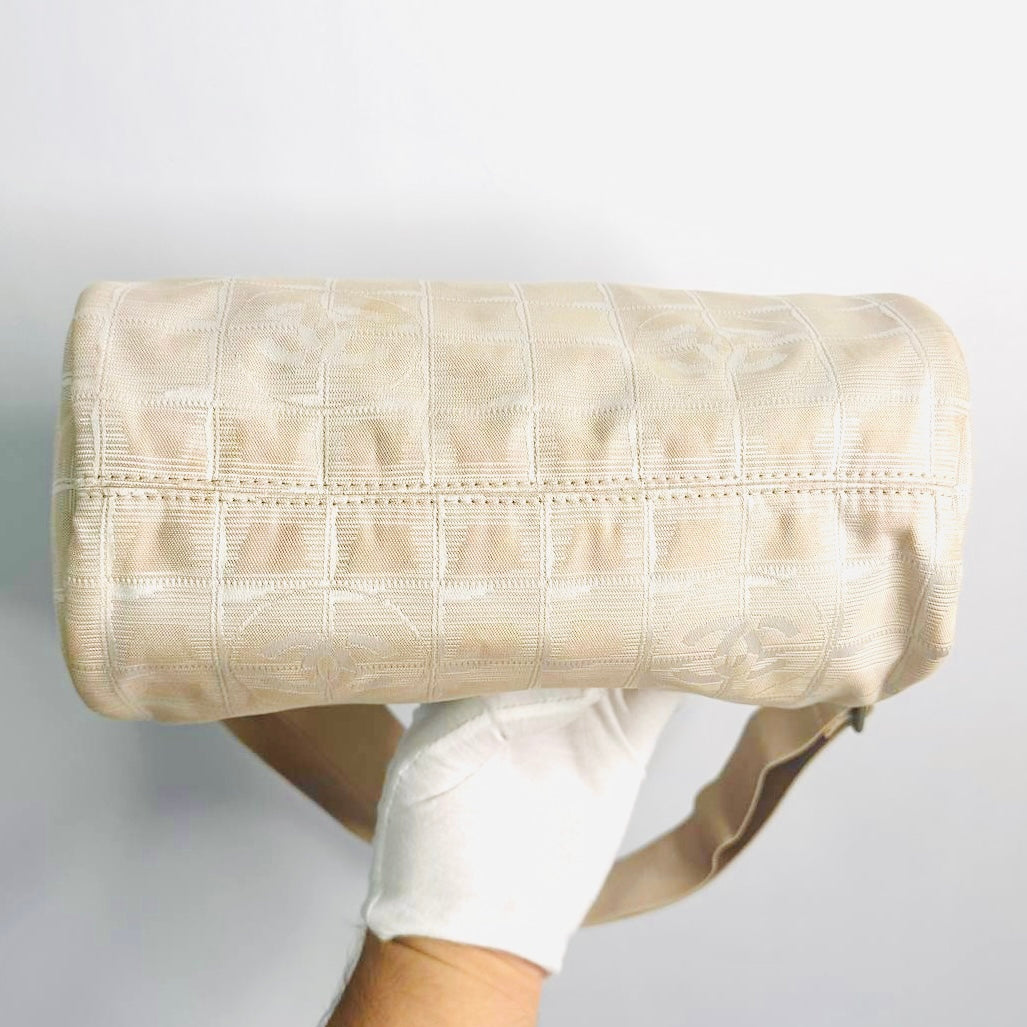 Chanel Taupe Beige Travel Line Quilted Jacquard CC Monogram Logo Papillon Roller Baguette Hobo Shoulder Sling Bag 7s