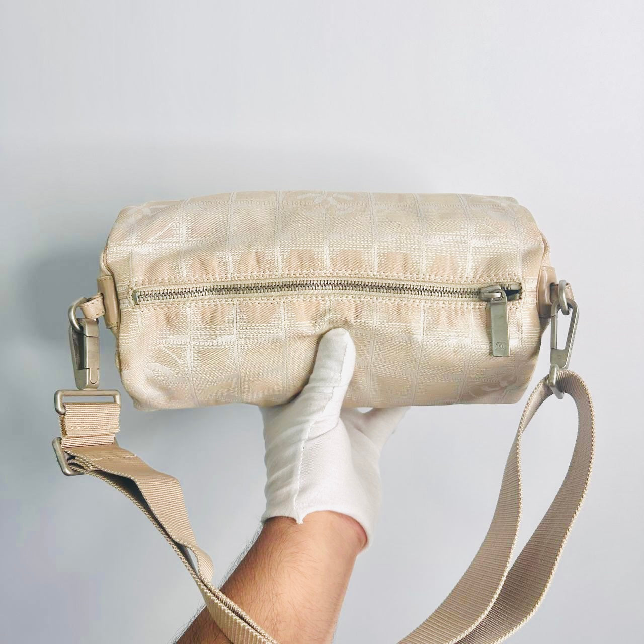 Chanel Taupe Beige Travel Line Quilted Jacquard CC Monogram Logo Papillon Roller Baguette Hobo Shoulder Sling Bag 7s
