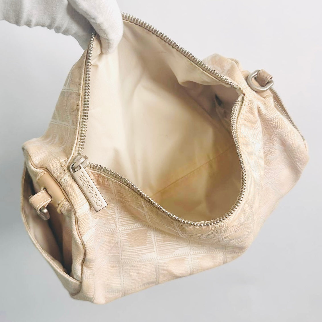 Chanel Taupe Beige Travel Line Quilted Jacquard CC Monogram Logo Papillon Roller Baguette Hobo Shoulder Sling Bag 7s