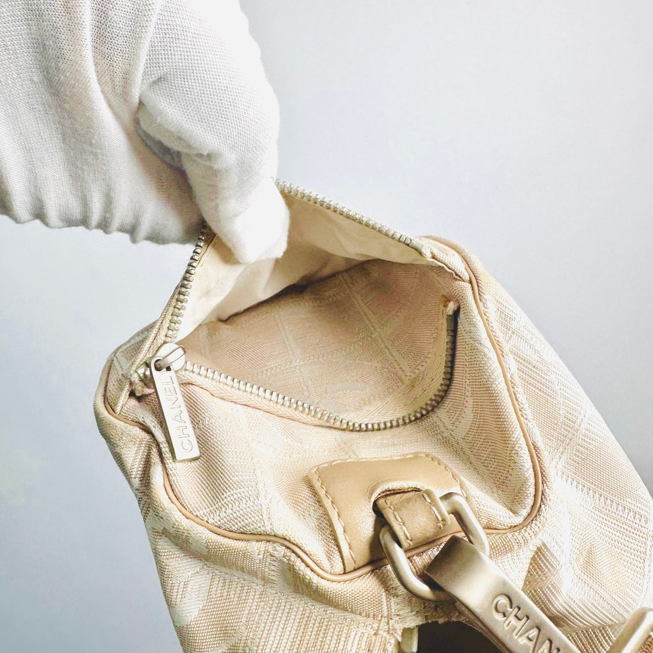 Chanel Taupe Beige Travel Line Quilted Jacquard CC Monogram Logo Papillon Roller Baguette Hobo Shoulder Sling Bag 7s