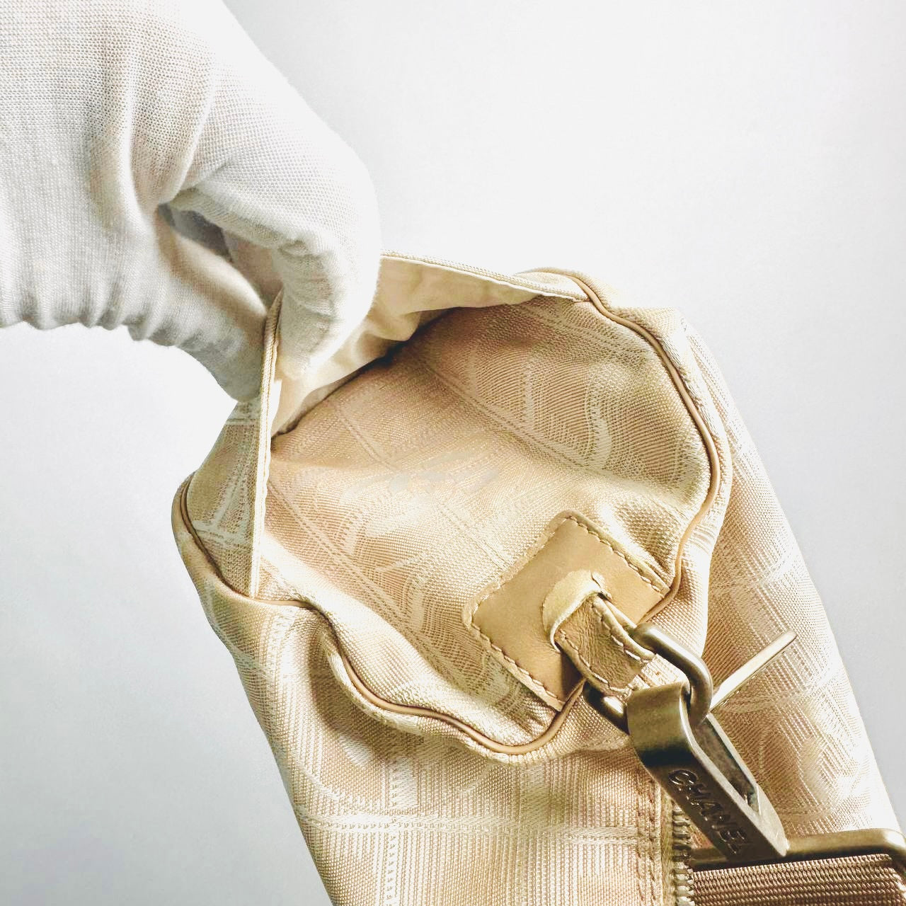 Chanel Taupe Beige Travel Line Quilted Jacquard CC Monogram Logo Papillon Roller Baguette Hobo Shoulder Sling Bag 7s