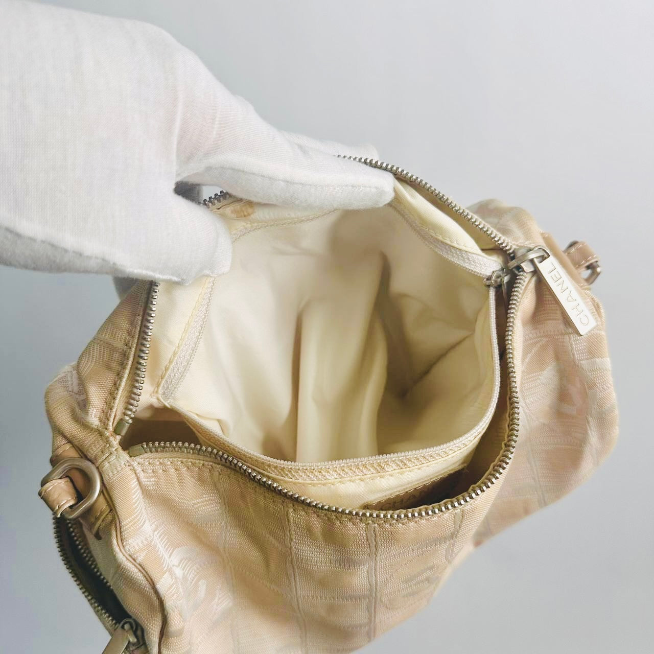 Chanel Taupe Beige Travel Line Quilted Jacquard CC Monogram Logo Papillon Roller Baguette Hobo Shoulder Sling Bag 7s