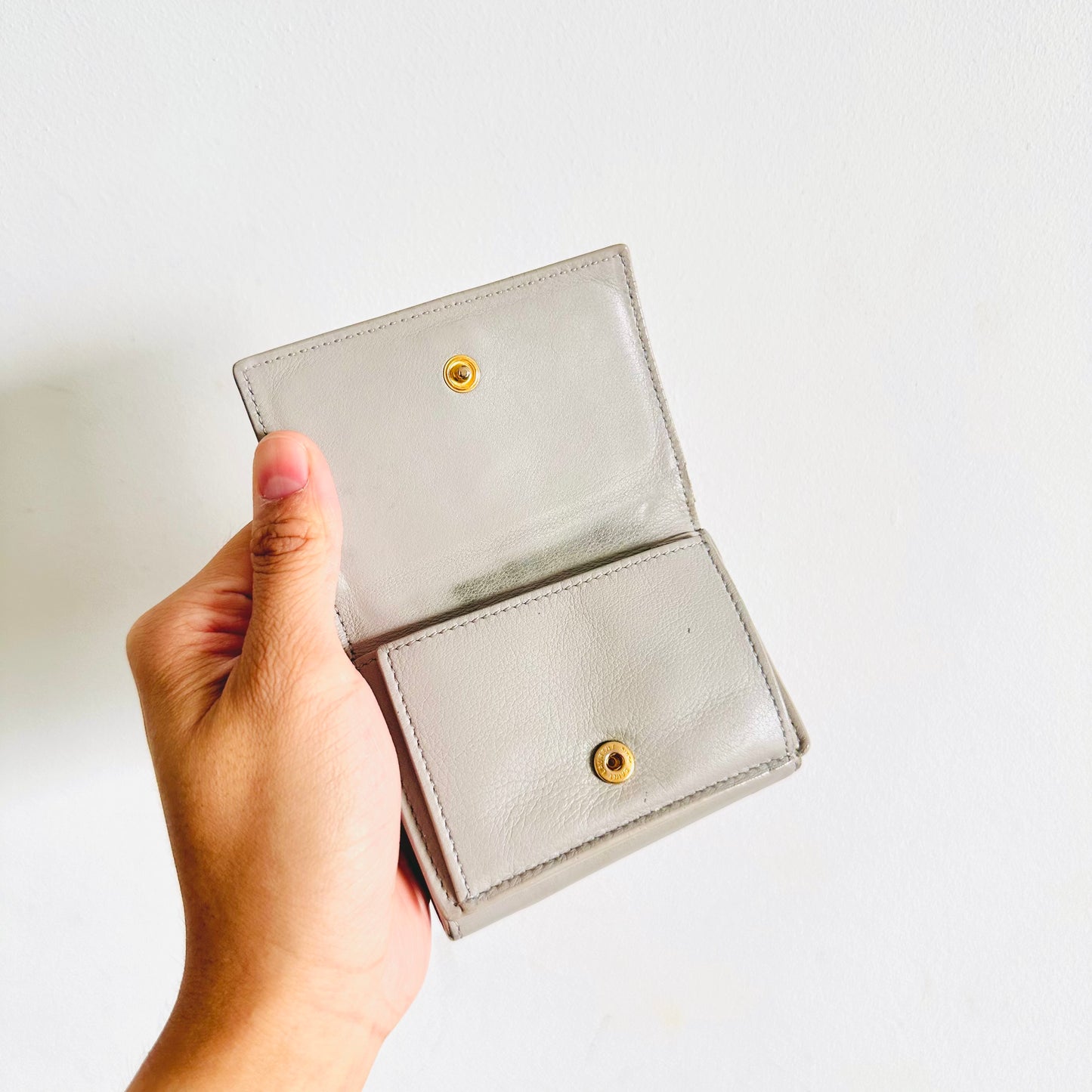 YSL Yves Saint Laurent Grey / Gray GHW Line Origami Tiny Trifold Compact Flap Wallet Calfskin Leather