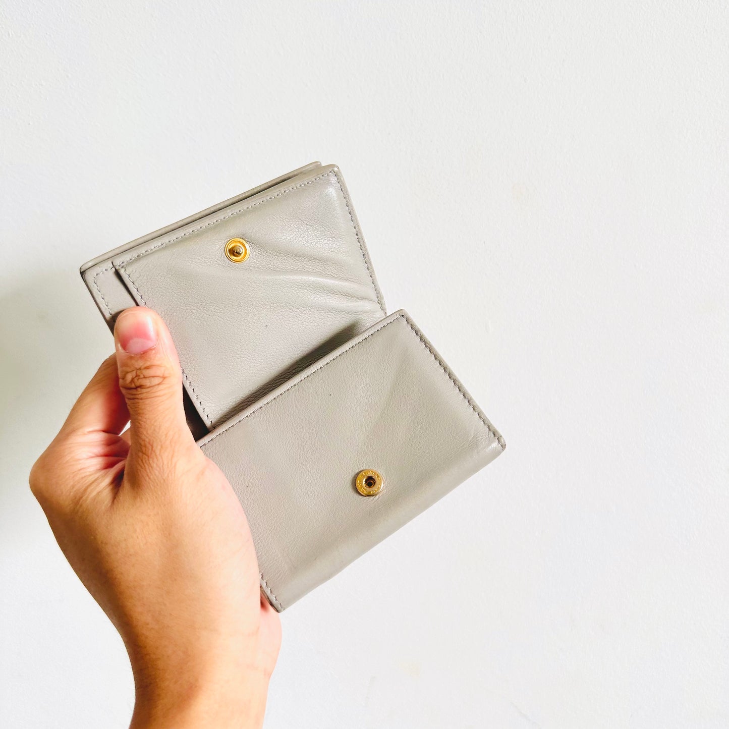 YSL Yves Saint Laurent Grey / Gray GHW Line Origami Tiny Trifold Compact Flap Wallet Calfskin Leather