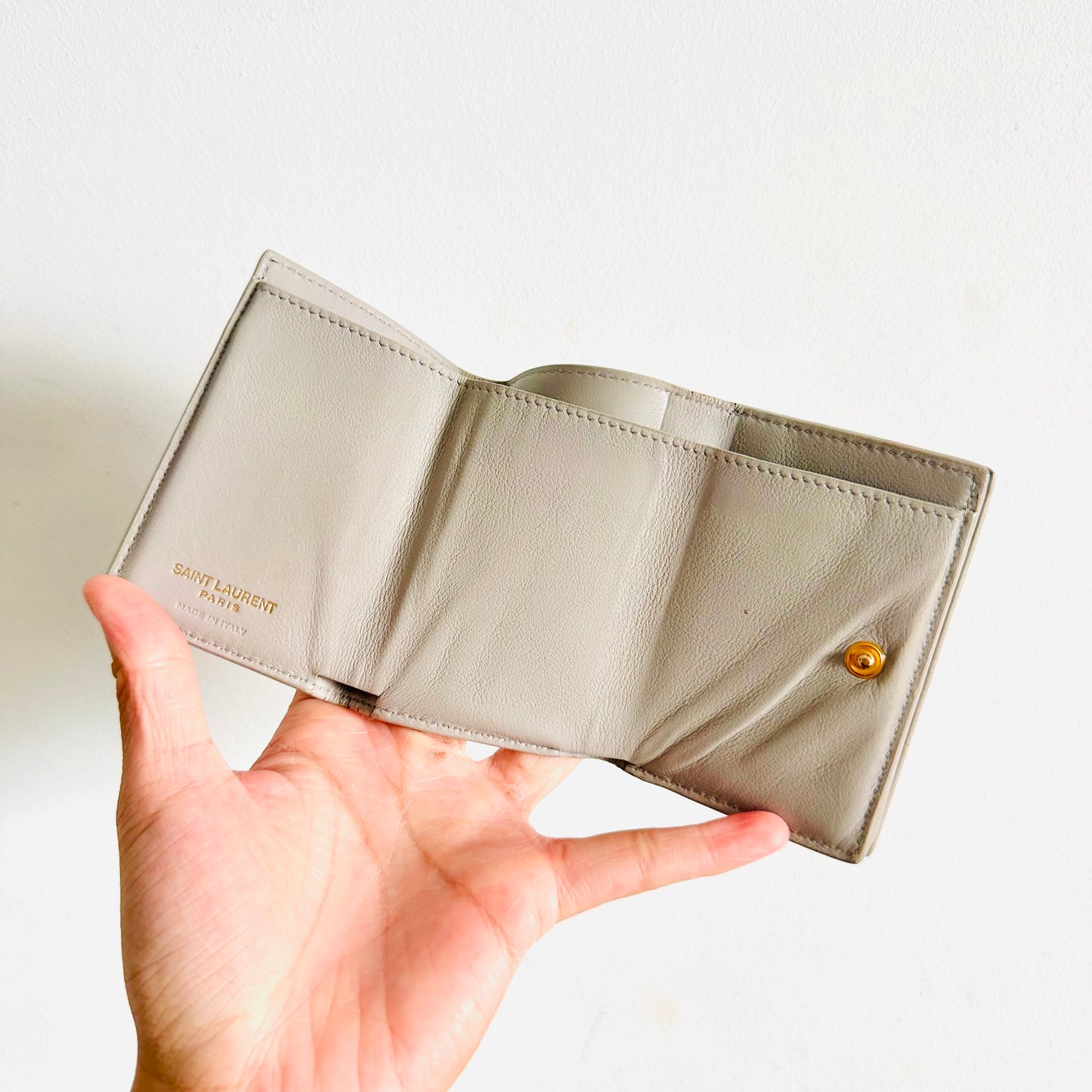YSL Yves Saint Laurent Grey / Gray GHW Line Origami Tiny Trifold Compact Flap Wallet Calfskin Leather