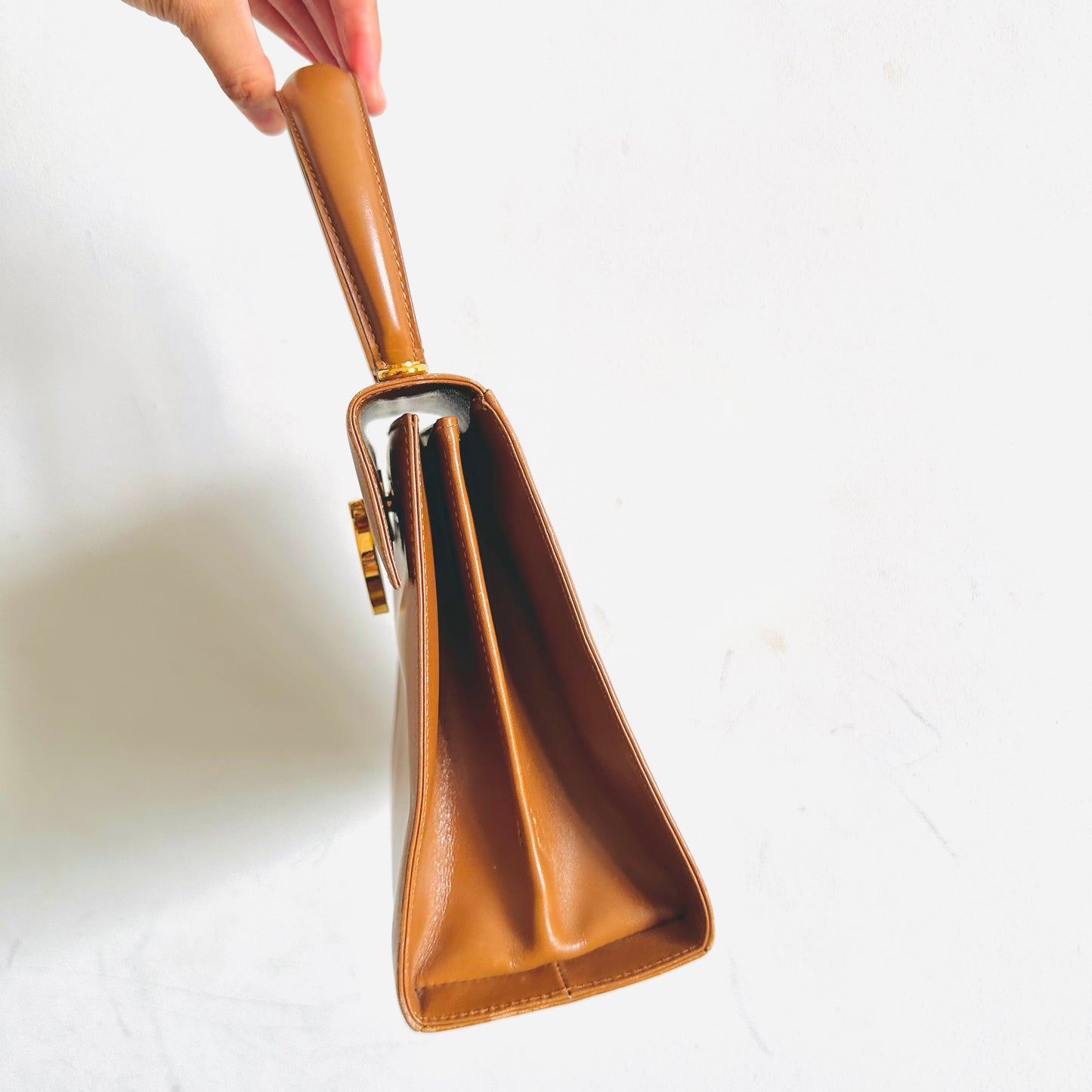 Salvatore Ferragamo Caramel Tan Brown GHW Kelly Gancini Logo Smooth Leather Top Handle Bag