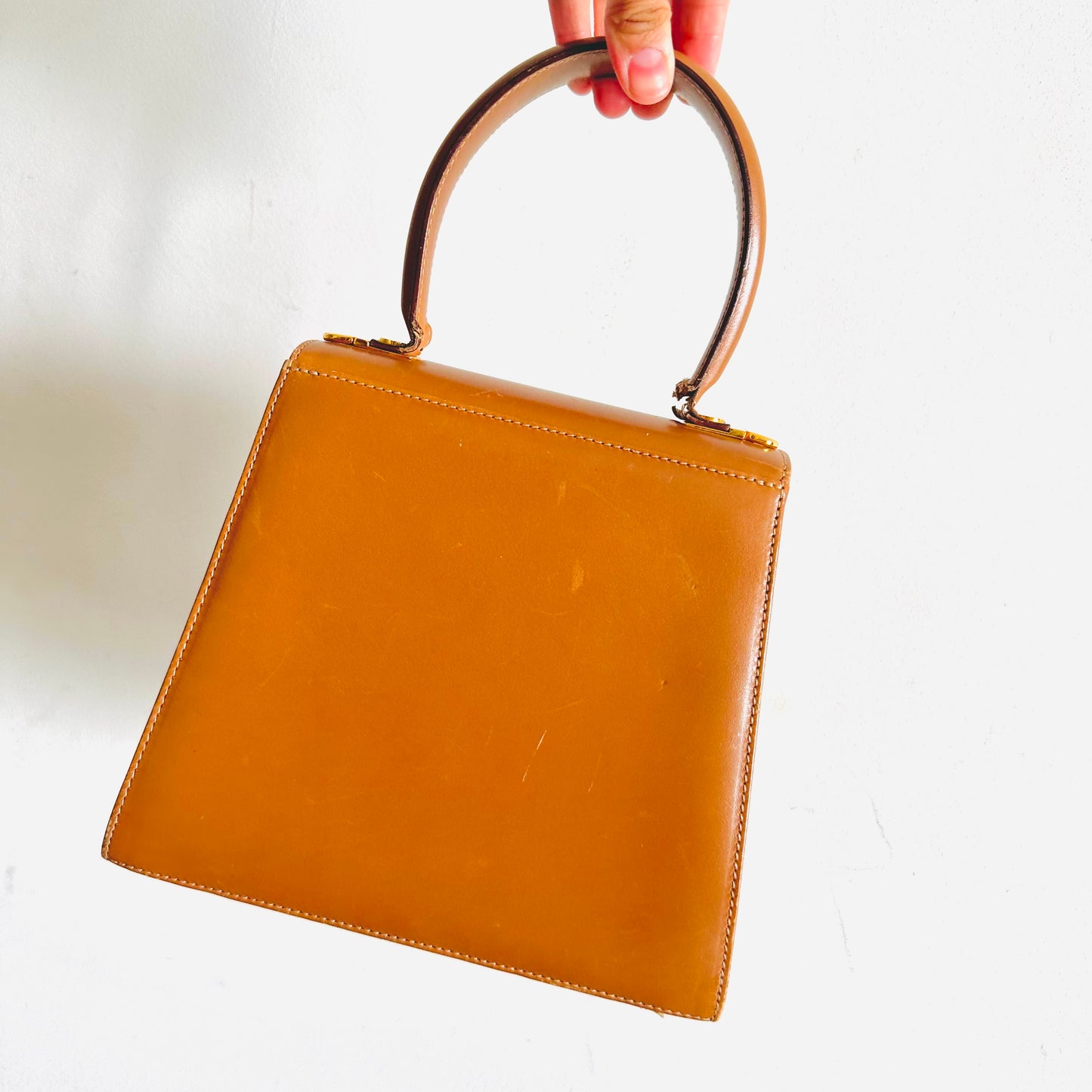 Salvatore Ferragamo Caramel Tan Brown GHW Kelly Gancini Logo Smooth Leather Top Handle Bag