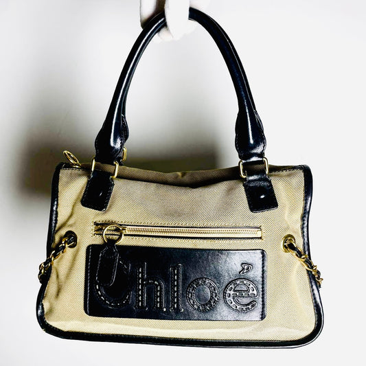 Chloe Black / Beige GHW Haley Monogram Logo Shopper Tote Bag