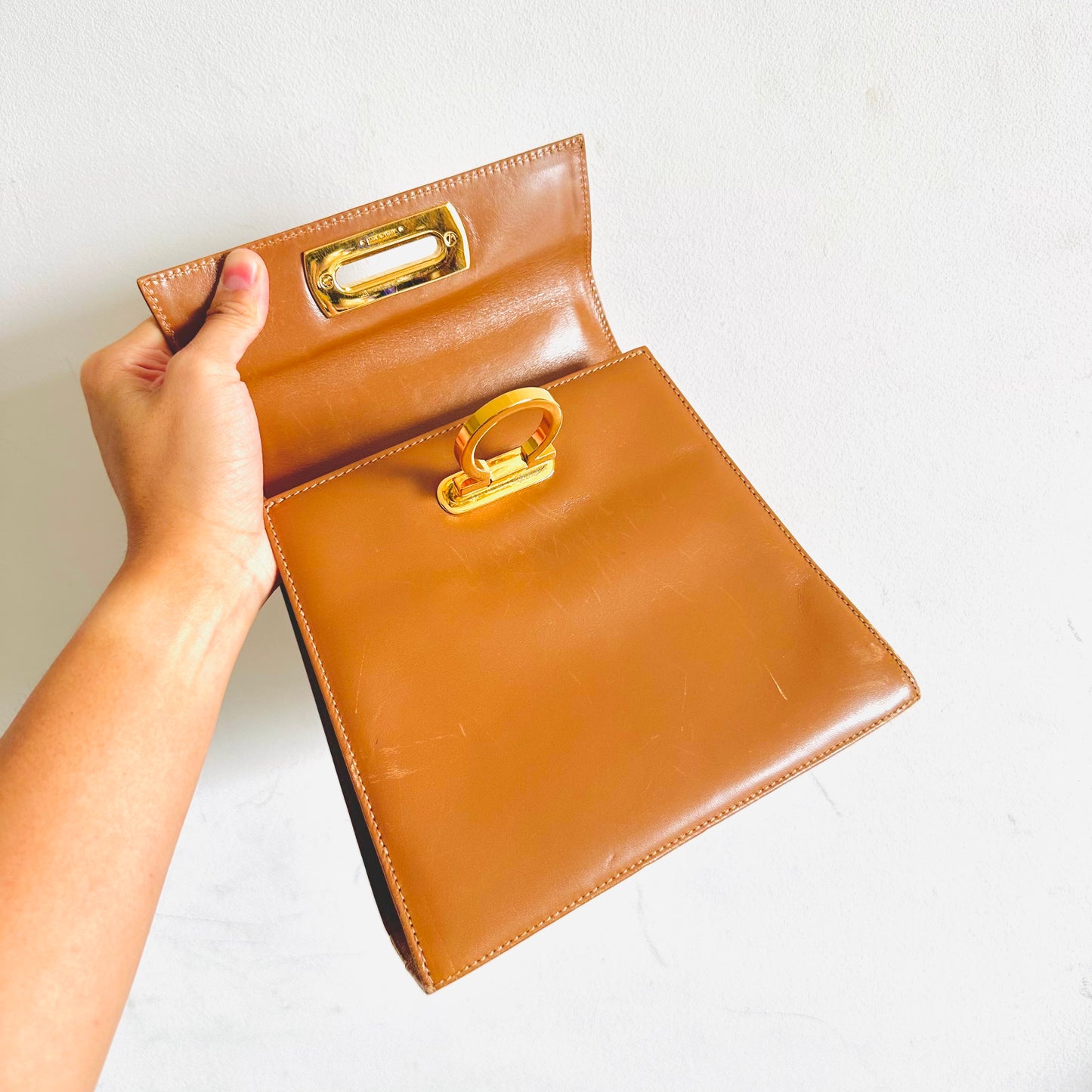 Salvatore Ferragamo Caramel Tan Brown GHW Kelly Gancini Logo Smooth Leather Top Handle Bag