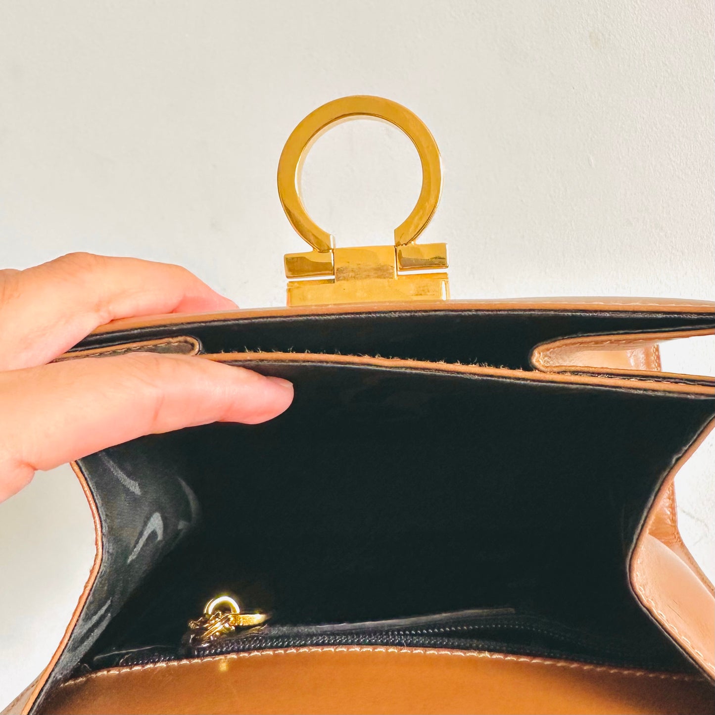 Salvatore Ferragamo Caramel Tan Brown GHW Kelly Gancini Logo Smooth Leather Top Handle Bag