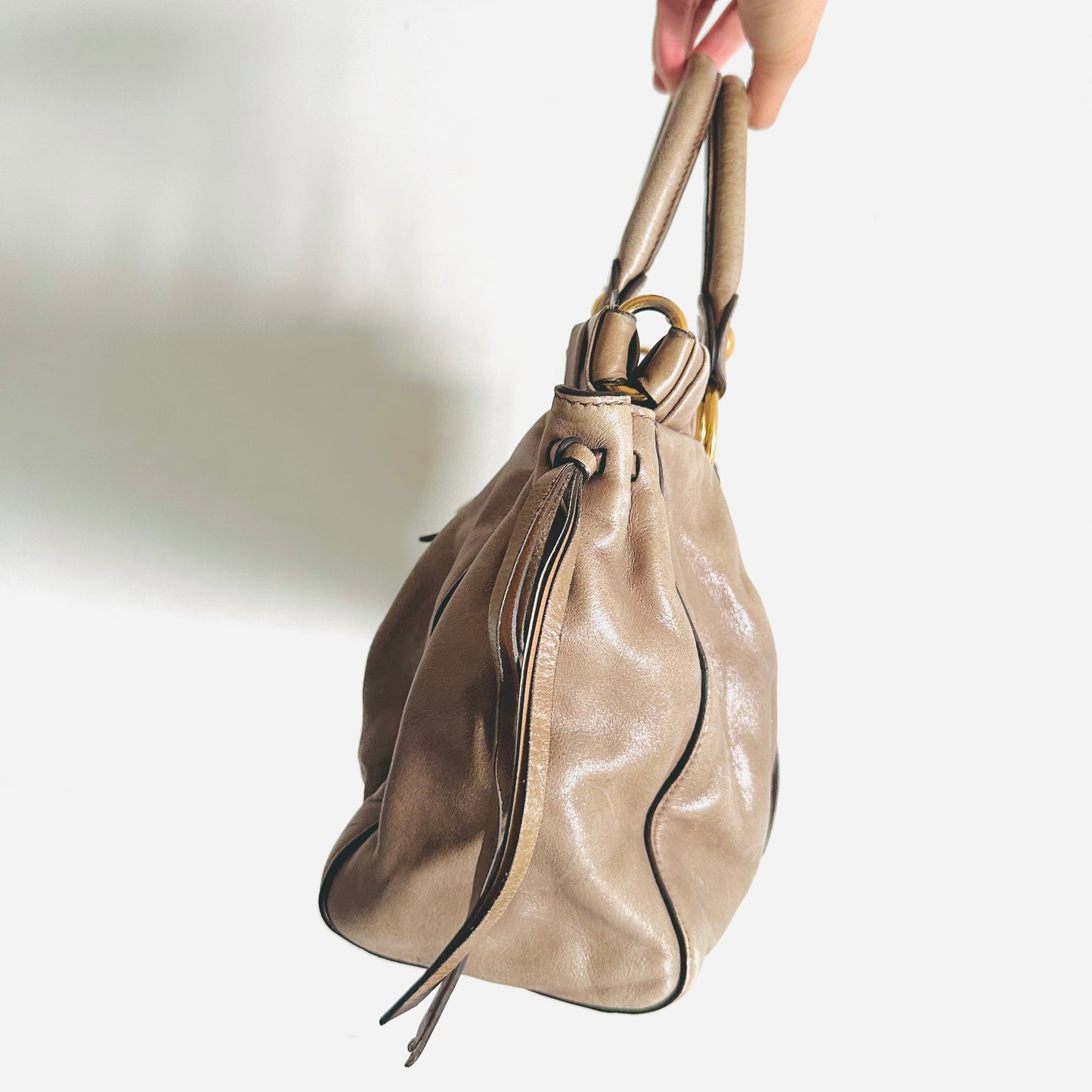 Miu Miu Taupe GHW Vitello Shine Classic Logo 2-Way Shopper Shoulder Sling Tote Bag