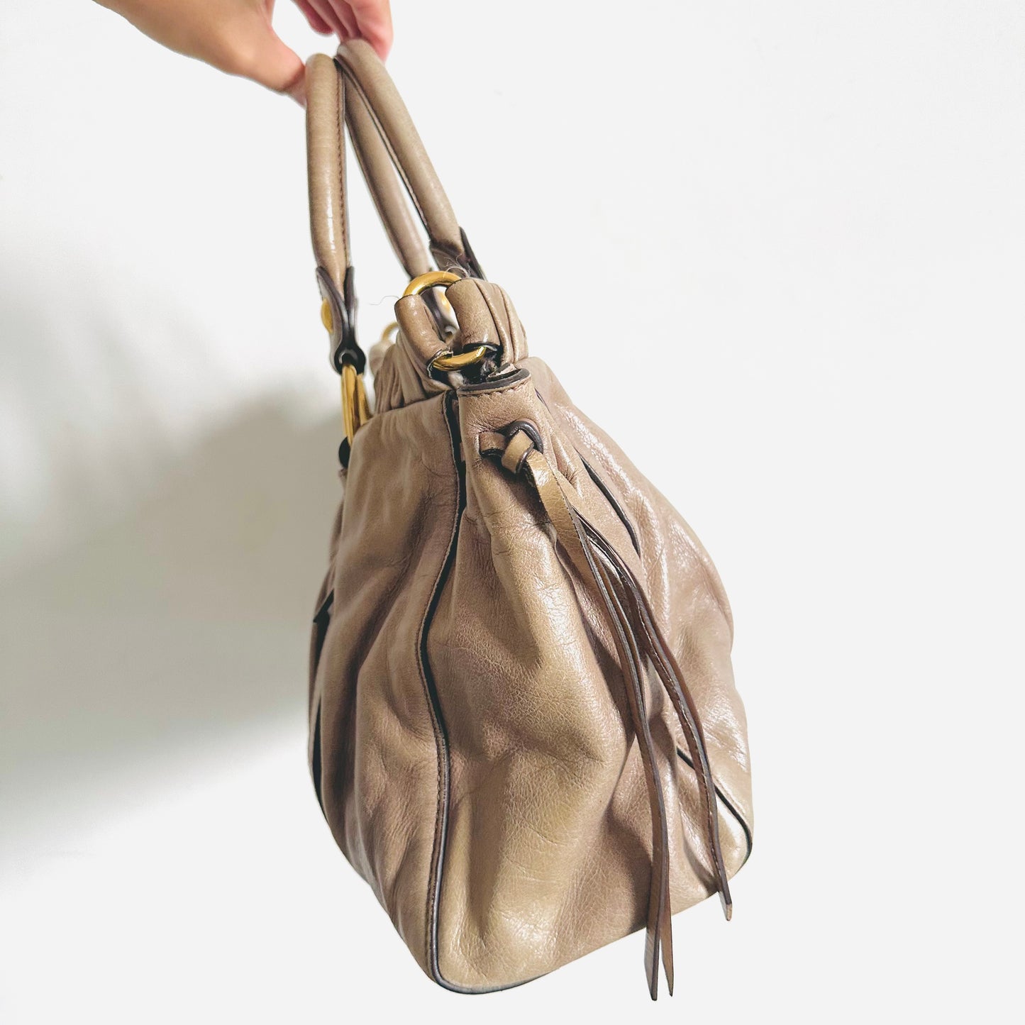 Miu Miu Taupe GHW Vitello Shine Classic Logo 2-Way Shopper Shoulder Sling Tote Bag