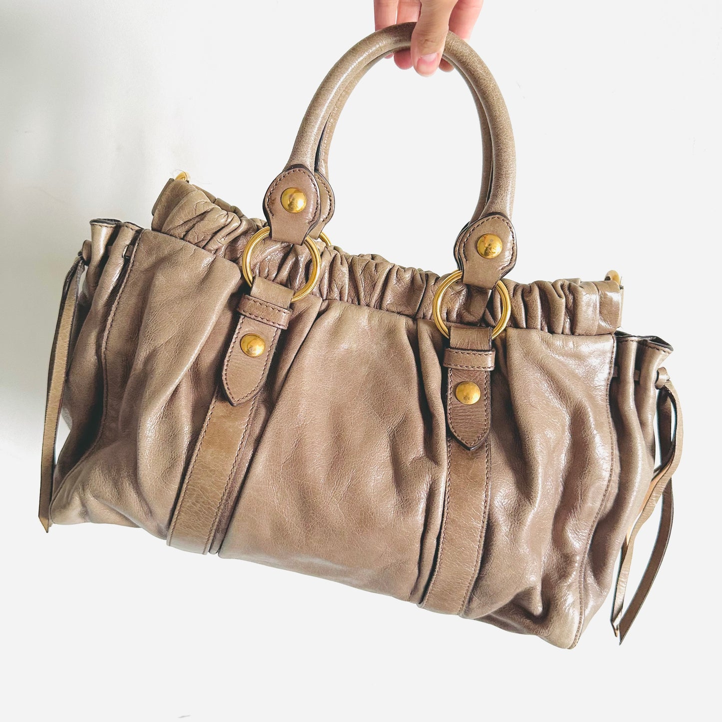 Miu Miu Taupe GHW Vitello Shine Classic Logo 2-Way Shopper Shoulder Sling Tote Bag