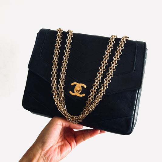 Chanel Black GHW Small Classic Single Flap Quilted Lambskin Chevron CC Logo Turnlock Vintage Shoulder Sling Bag Pre Series