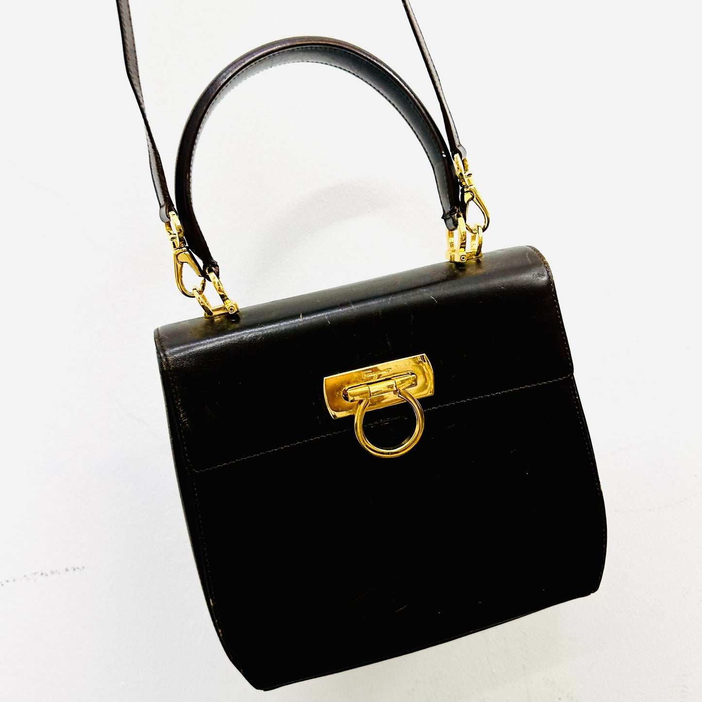 Salvatore Ferragamo Kelly Gancini Dark Brown GHW Monogram Logo Smooth Leather Top Handle 2-Way Shoulder Sling Bag