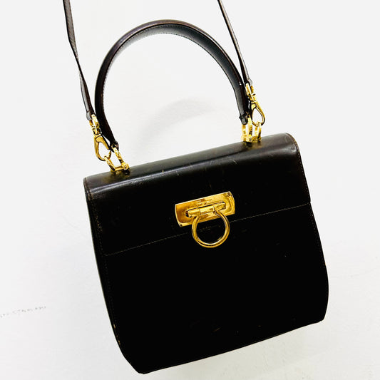 Salvatore Ferragamo Kelly Gancini Dark Brown GHW Monogram Logo Smooth Leather Top Handle 2-Way Shoulder Sling Bag