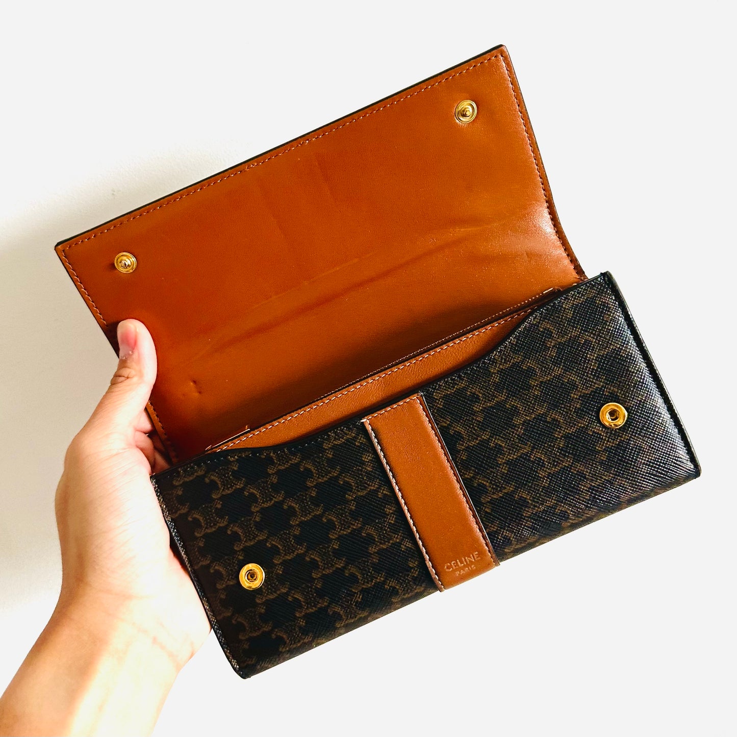 Celine Brown / Tan Triomphe & Lambskin Monogram Logo GHW Logo Flap Long Wallet
