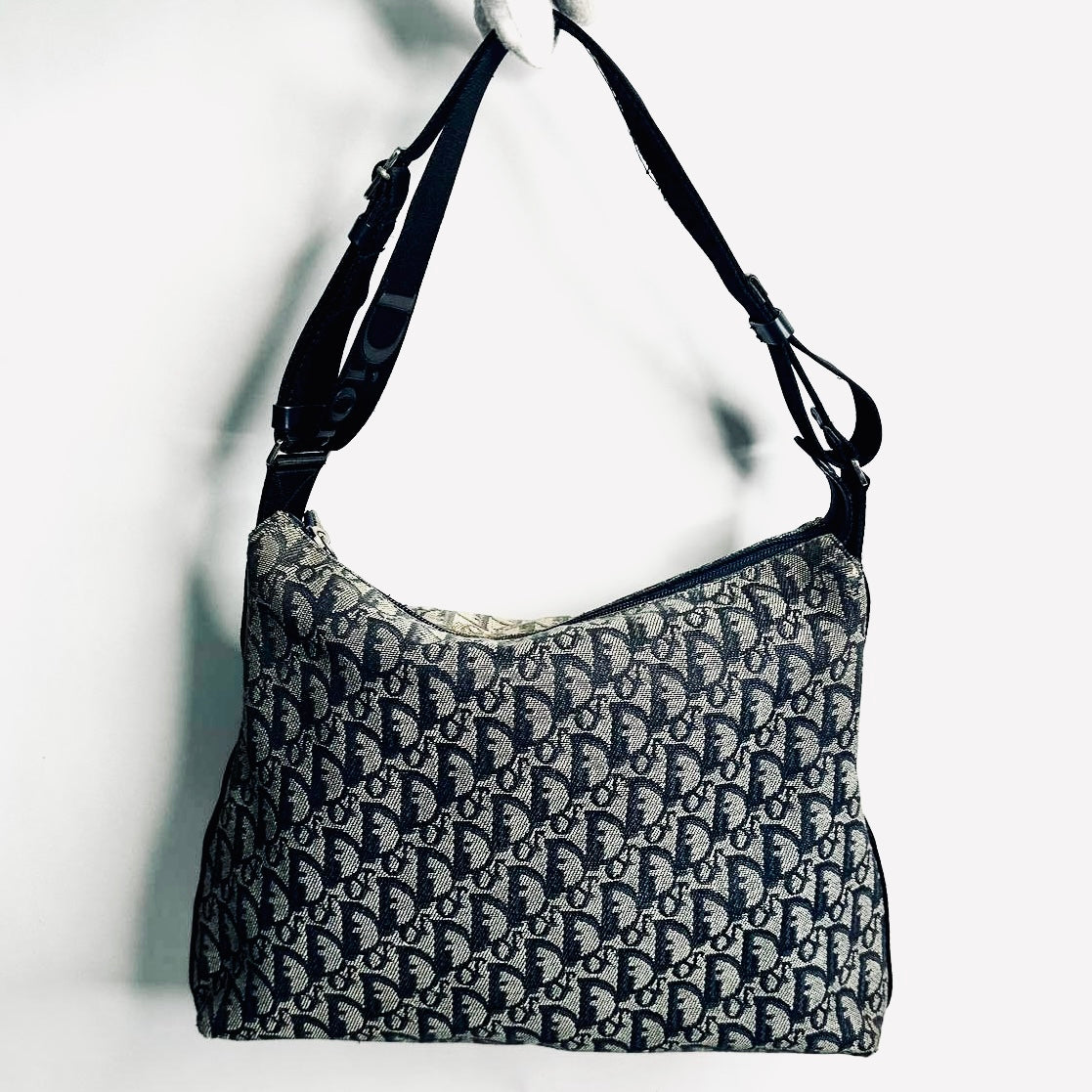 Christian Dior CD Saddle Navy Blue Oblique Monogram Logo Hobo Baguette Shoulder Sling Bag