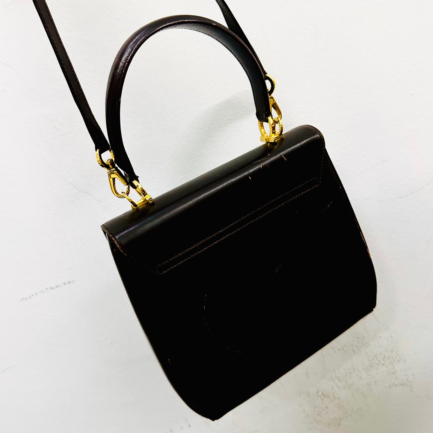 Salvatore Ferragamo Kelly Gancini Dark Brown GHW Monogram Logo Smooth Leather Top Handle 2-Way Shoulder Sling Bag