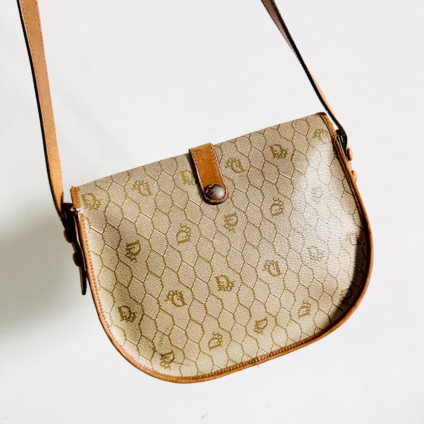 Christian Dior CD Beige / Brown Honeycomb Oblique Monogram Logo Vintage Flap Shoulder Sling Bag