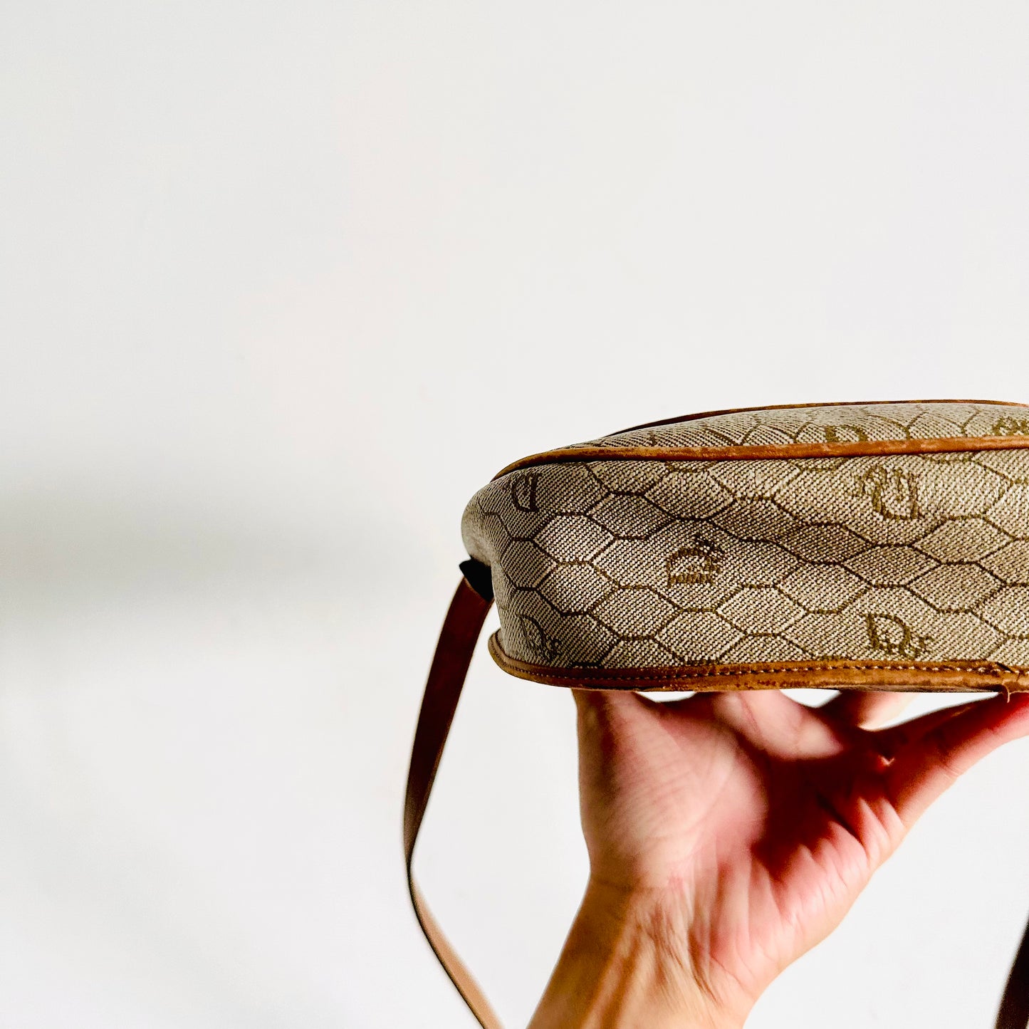 Christian Dior CD Beige / Brown Honeycomb Oblique Monogram Logo Vintage Flap Shoulder Sling Bag