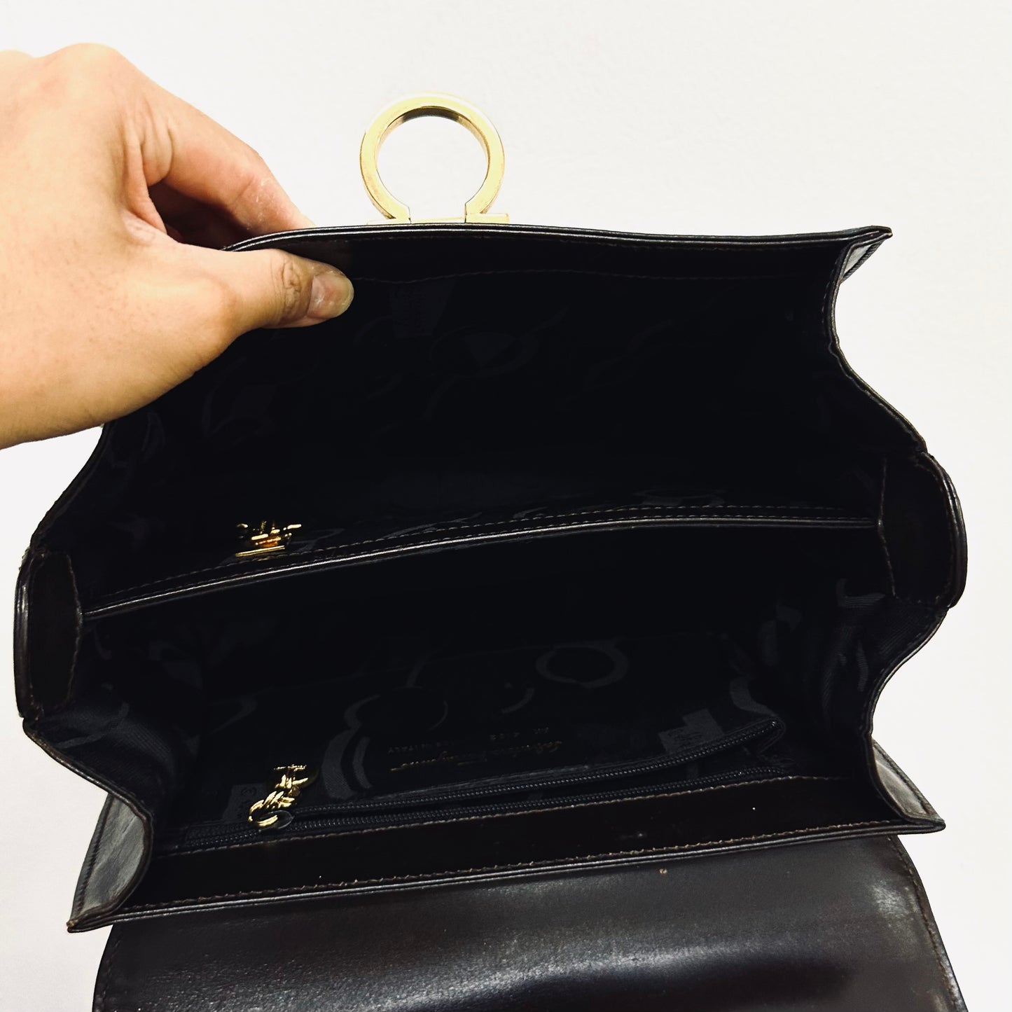 Salvatore Ferragamo Kelly Gancini Dark Brown GHW Monogram Logo Smooth Leather Top Handle 2-Way Shoulder Sling Bag