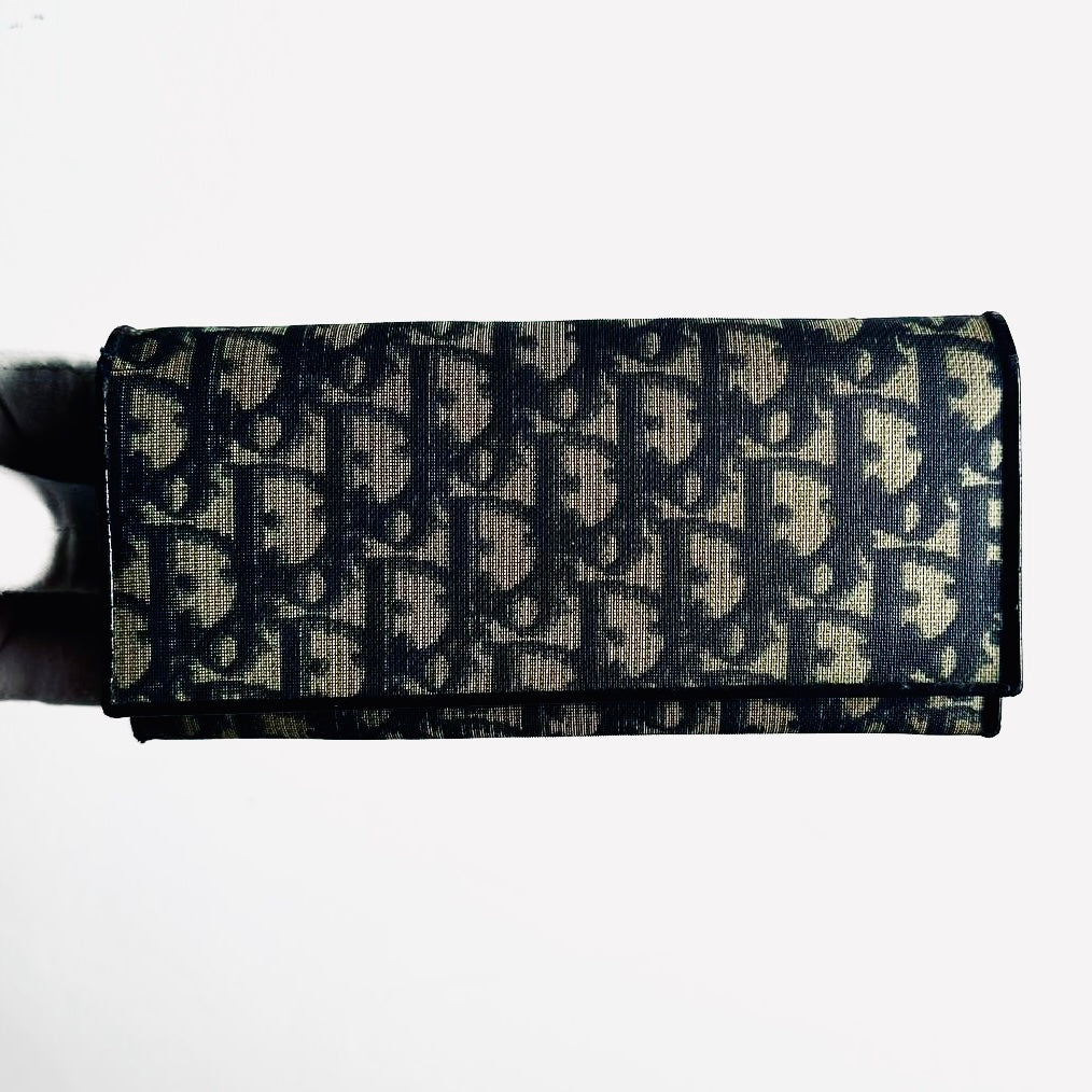 Christian Dior CD Navy Blue GHW Oblique Monogram Logo Flap Bifold Long Wallet