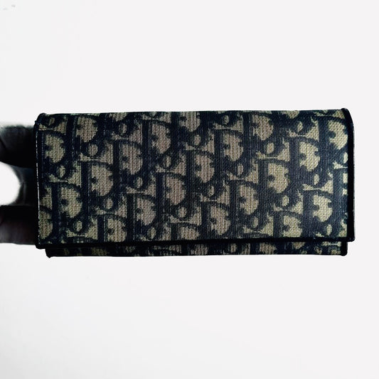 Christian Dior CD Navy Blue GHW Oblique Monogram Logo Flap Bifold Long Wallet