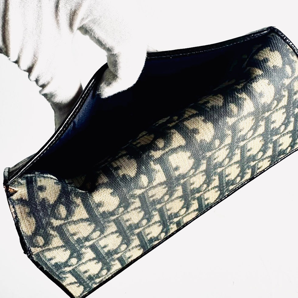 Christian Dior CD Navy Blue GHW Oblique Monogram Logo Flap Bifold Long Wallet