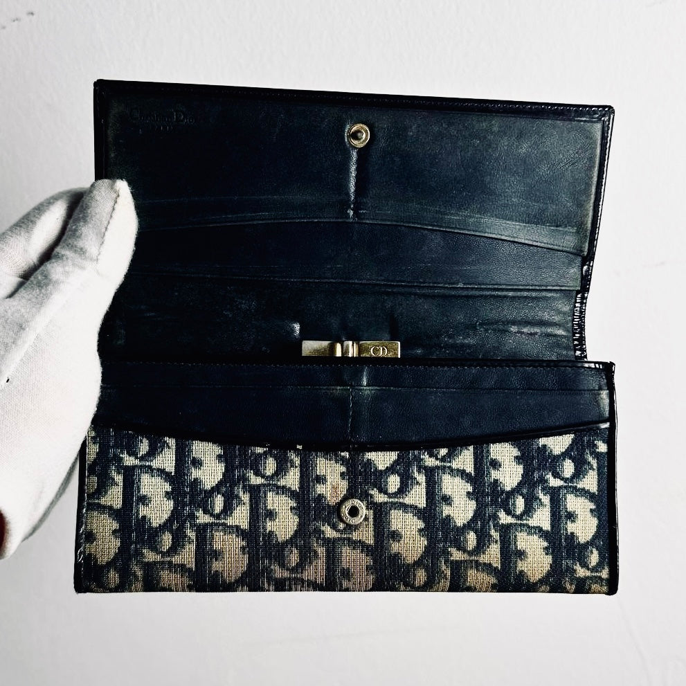 Christian Dior CD Navy Blue GHW Oblique Monogram Logo Flap Bifold Long Wallet