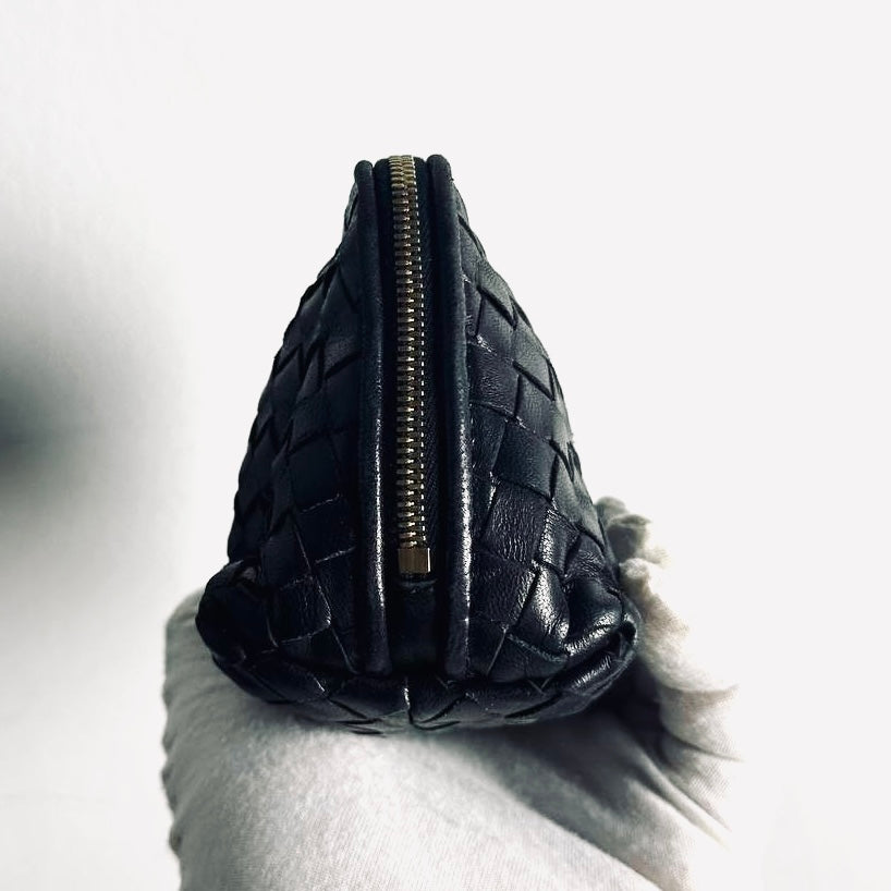 Bottega Veneta BV Black GHW Intrecciato Nappa Woven Leather Zip Cosmetic Toiletry Pouch Clutch Case