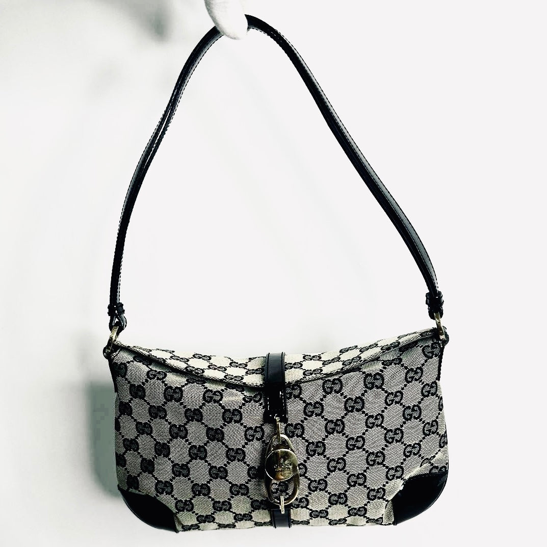 Gucci Black / Ebony GHW Jackie GG Monogram Logo Hobo Baguette Shoulder Bag
