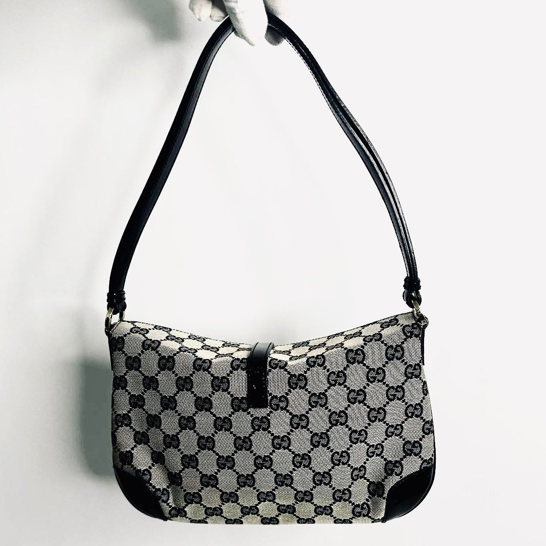Gucci Black / Ebony GHW Jackie GG Monogram Logo Hobo Baguette Shoulder Bag