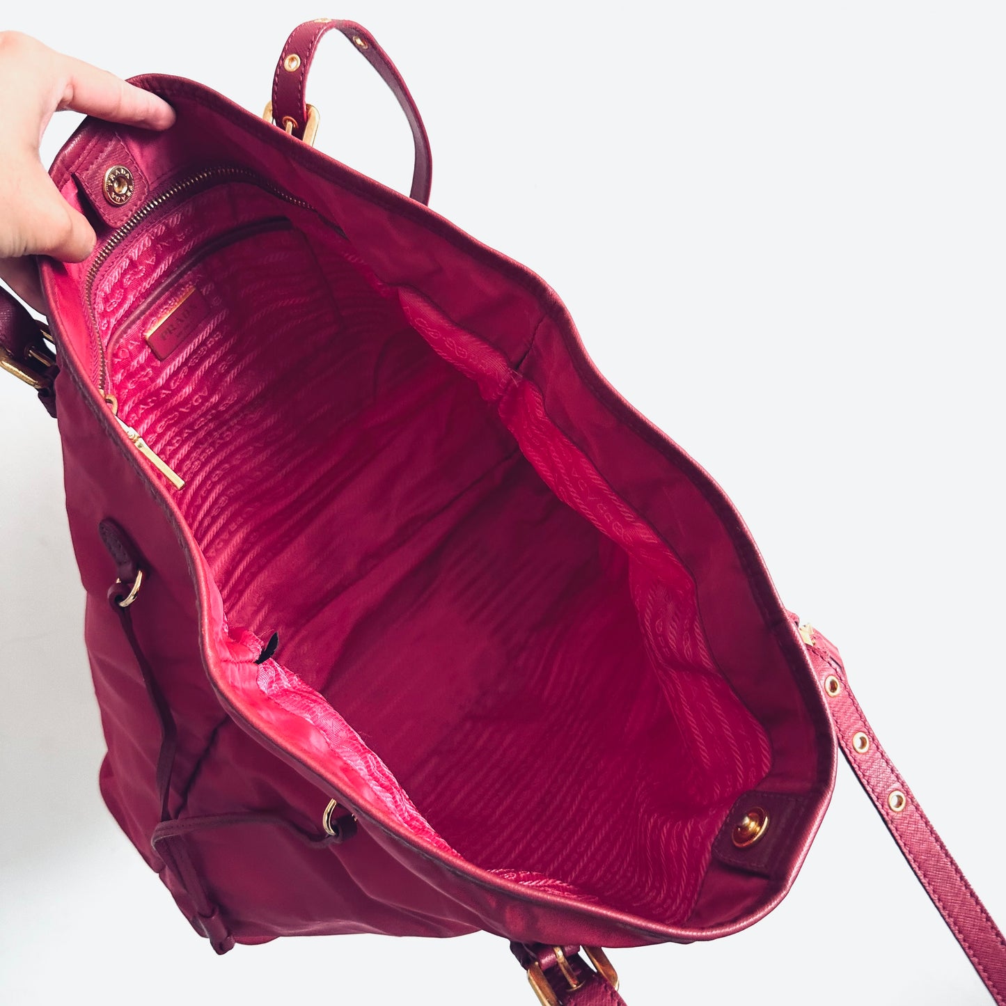 Prada Fuchsia Pink GHW Tessuto Classic Logo Shopper Shoulder Tote Bag With Side Laces