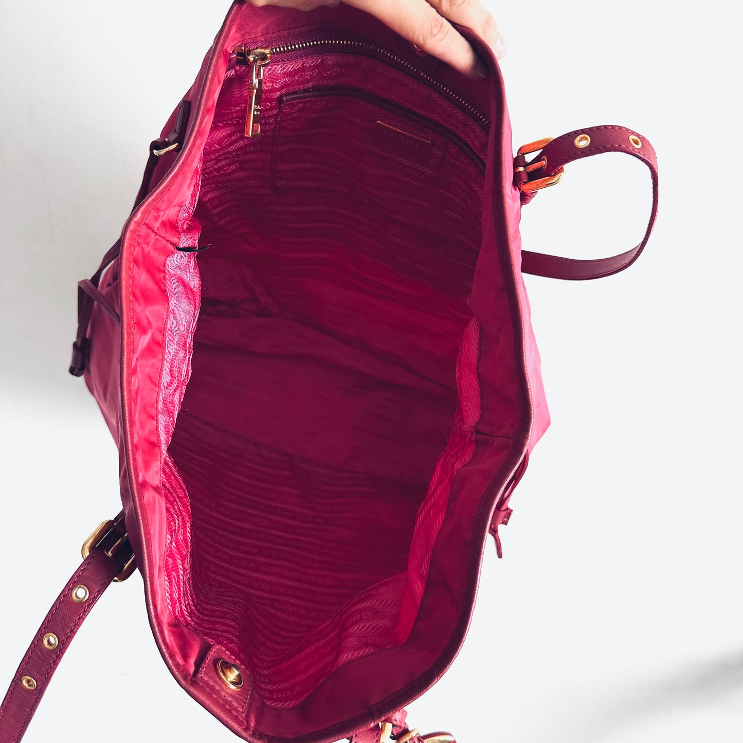 Prada Fuchsia Pink GHW Tessuto Classic Logo Shopper Shoulder Tote Bag With Side Laces