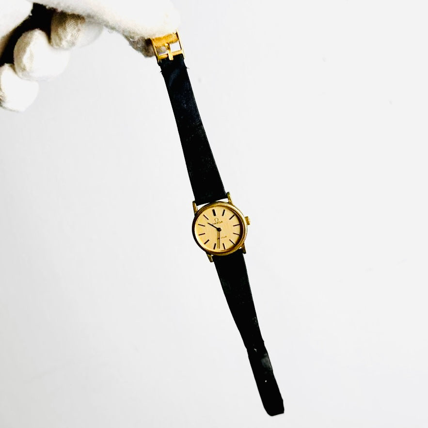 Omega Gold Round Dial Black Leather Strap 25MM Vintage Watch