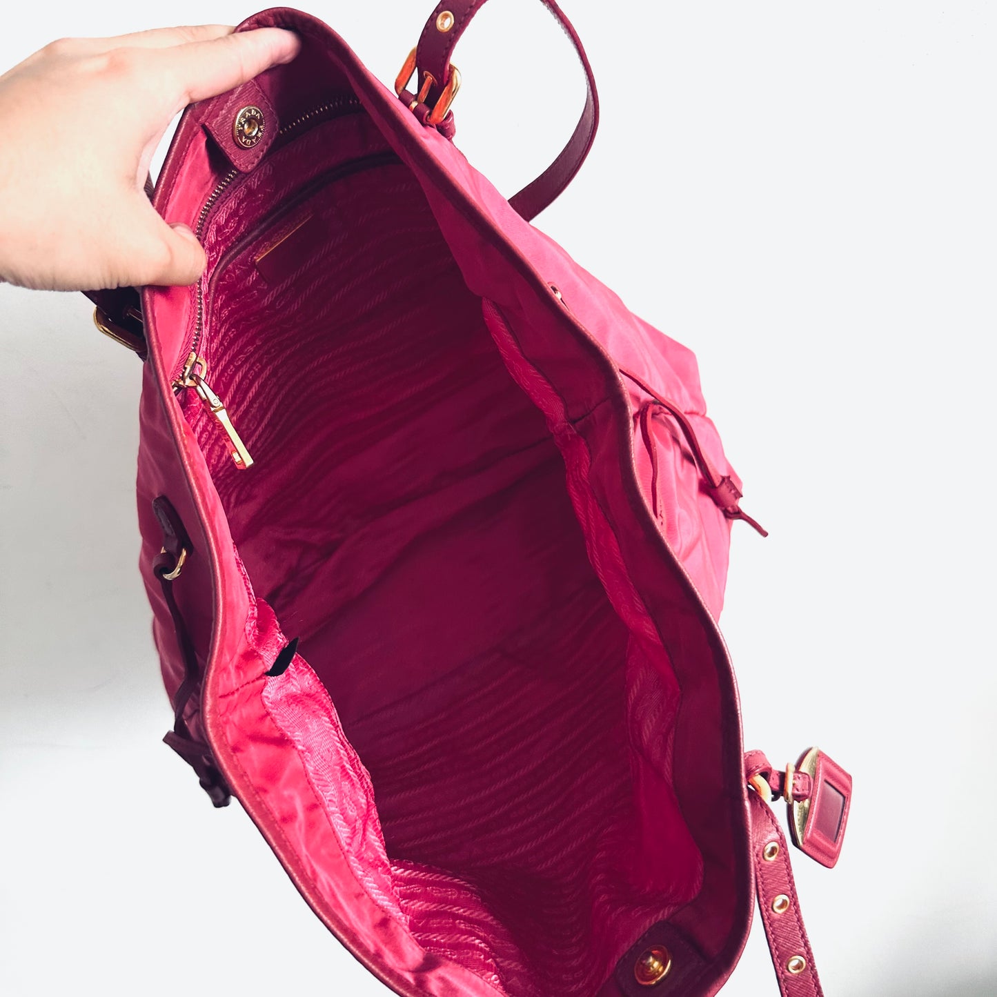 Prada Fuchsia Pink GHW Tessuto Classic Logo Shopper Shoulder Tote Bag With Side Laces