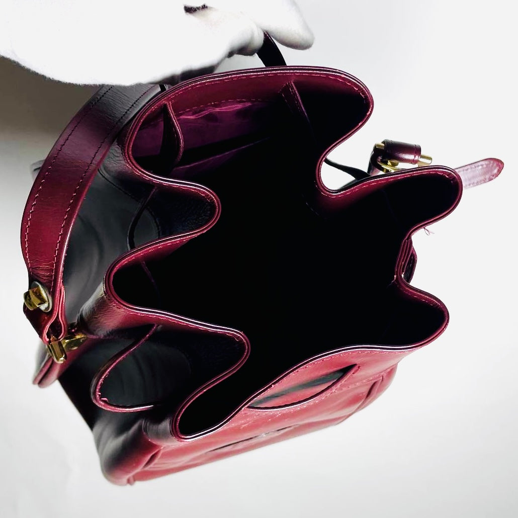 Cartier Mast / Must de Cartier Bucket Burgundy Maroon Red GHW Smooth Leather Shoulder Drawstring Bag