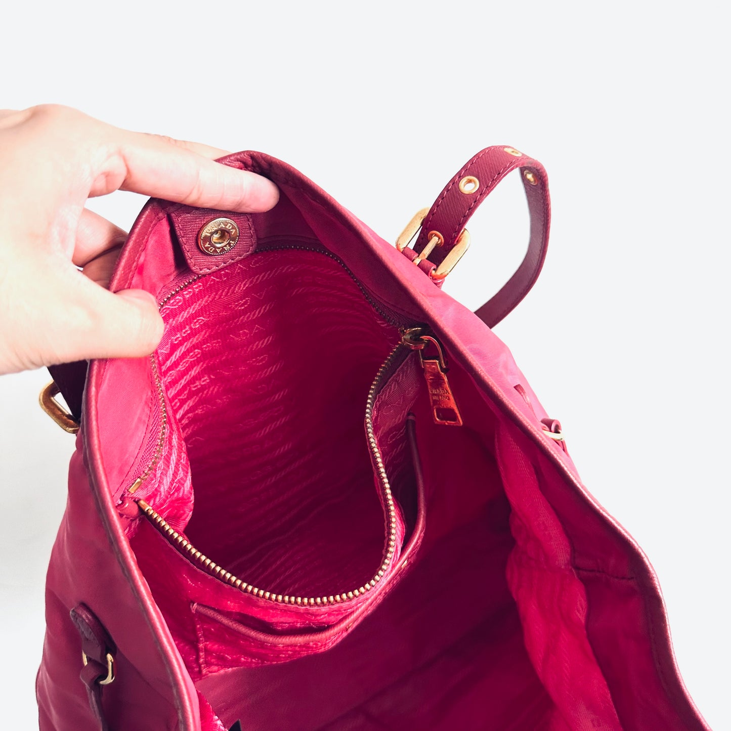 Prada Fuchsia Pink GHW Tessuto Classic Logo Shopper Shoulder Tote Bag With Side Laces