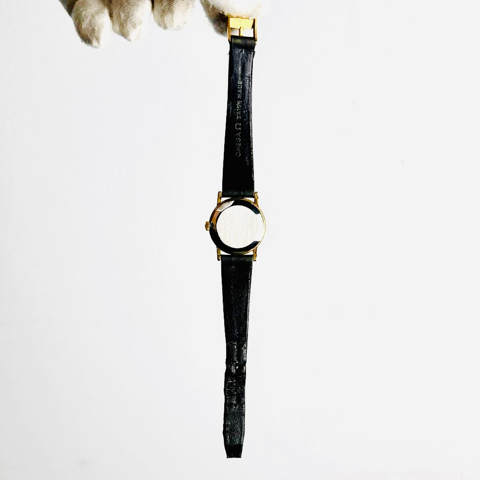 Omega Gold Round Dial Black Leather Strap 25MM Vintage Watch